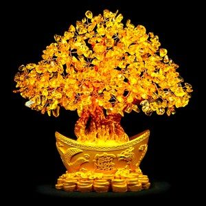 Citrine yellow genuine gemstone lucky golden tree 18-20 cm 7 -8 inches In box